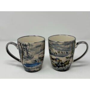 METROPOLITAN MUSEUM OF ART Pair Mugs Winter Homestead Carriage Horse Cabin